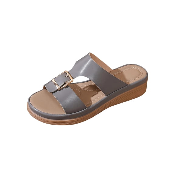Gray Womens Comfortable Wedge Heel Sandals Buckle Strap Casual Pu Beach Slippers For Summer Spring Ladies
