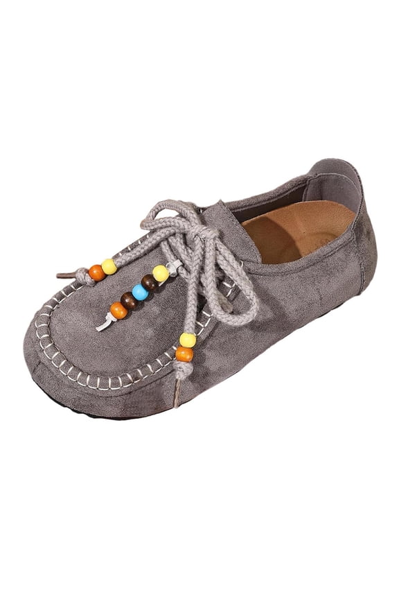 Gray Womens Ethnic Style Moccasin Slippers Flat Shoes Beaded Rope Lacing Soft Upper Casual Outdoor Indoor Wear Size 5.5