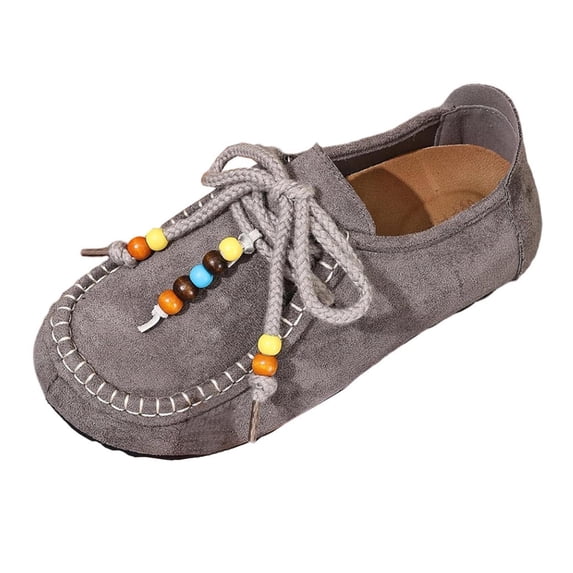 Gray Womens Ethnic Style Moccasin Slippers Flat Shoes Beaded Rope Lacing Soft Upper Casual Outdoor Indoor Wear Size 6