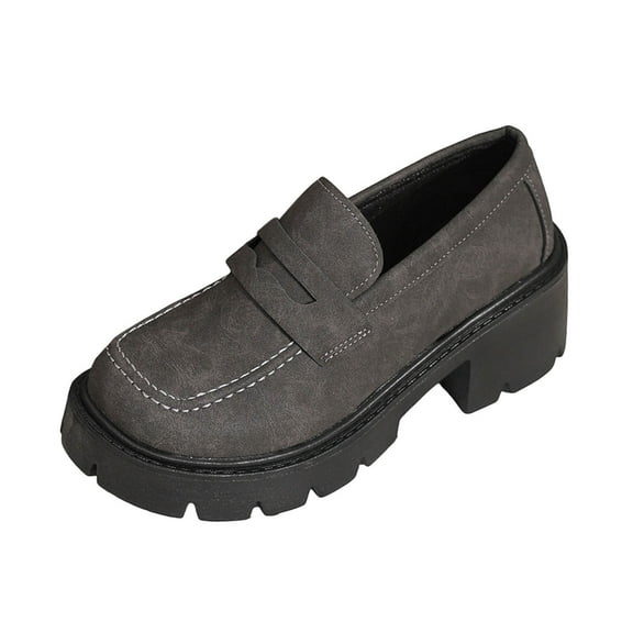 Gray Womens Everyday Loafers With Round Toe And Thick Bottom Block Heel Great For All-Day Comfort And Walking