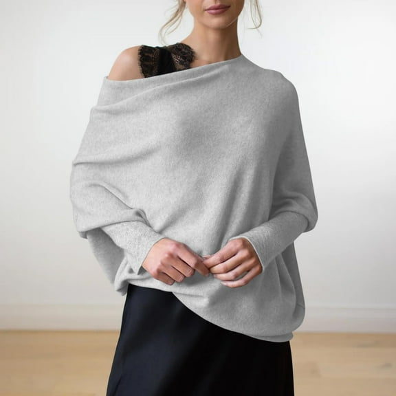 Gray Womens Fall Tops Fall Sweaters for Women Asymmetric Draped Jumper Long Batwing Sleeve Off The Shoulder Sweater Slouchy Knit Pullover Sweaters for Women