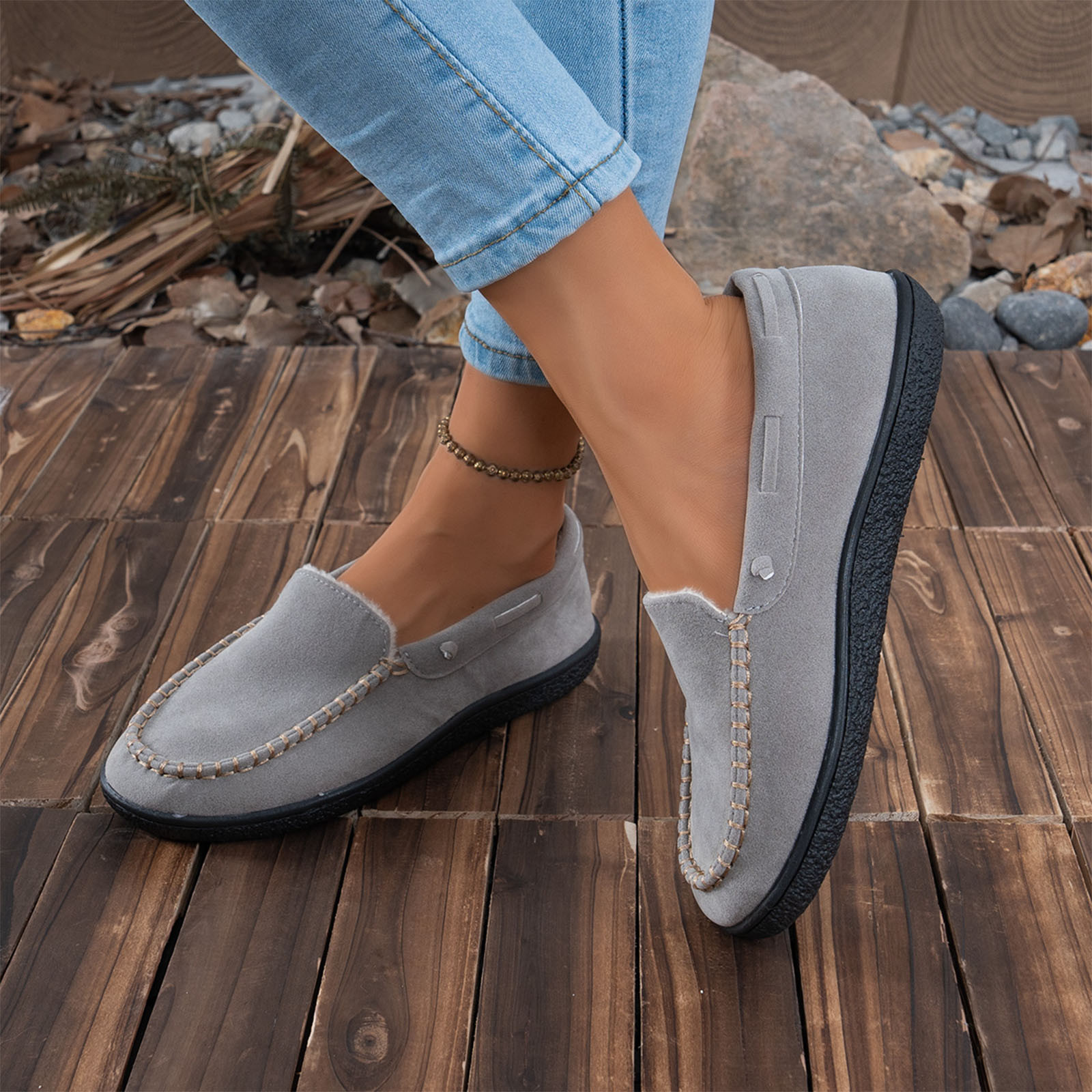 Black Womens Flat Shoes Moccasin Style Decorative Stitching Fleece