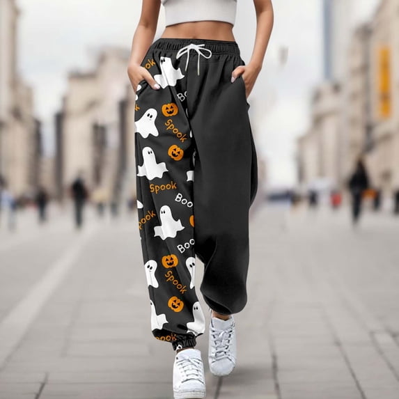 Gray Womens Halloween High Waist Baggy Leg Pants Womens Halloween Pajamas Pants Cute Magical Pajama Soft Long Bottoms Women Fall Pjs 3XL