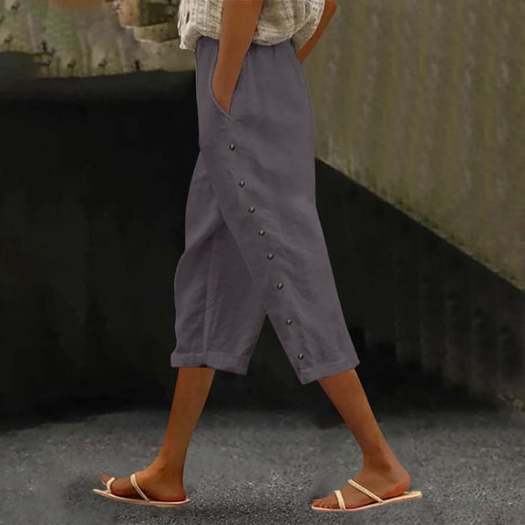 Gray Womens Pants Women's Fashion Solid Color Cotton Linen Elastic Seven Pants Beach Casual Pants Linen Sweatpants Womens Fashion