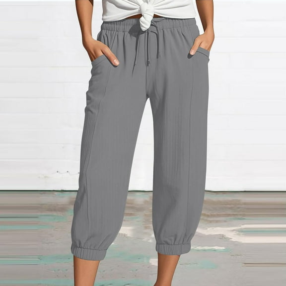 Gray Womens Pants Women's Linen Wide Leg Pants Casual Loose High Waist Beach Haren Pants Pockets Casual Pants Women