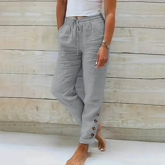 Gray Womens Pants Women's Spring Leisure Elastic Solid Straight Tube Casual Button Pants Sweatpants Womens Fashion