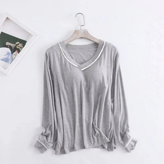 Gray Womens Sleepwear Women's Long Sleeve Sleep T Shirt Basic Layer Stretchy Shirts Neck Pajama Top