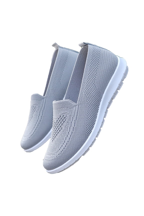 Gray Womens Slip On Breathable Shoes Fly Woven Solid Color Outdoor Flat Soft Sole Casual For Daily