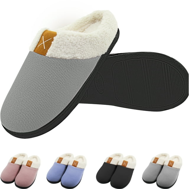 Gray Womens Slippers, Comfort Memory Foam House Slippers Warm WoolLike Plush Fleece Lined House
