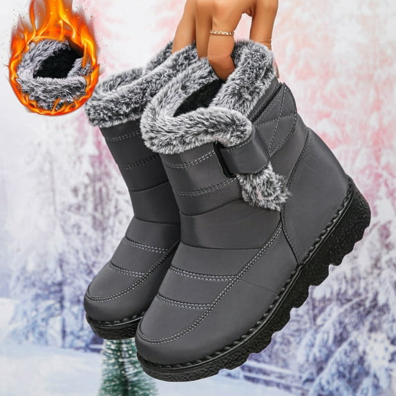 Gray Womens Snow Boots Fleece Lined Adjustable Strap Thickened Anti Slip Tread Sole Solid Color Mid Calf Warm Casual Light Daily Outdoor Shoes Size 36