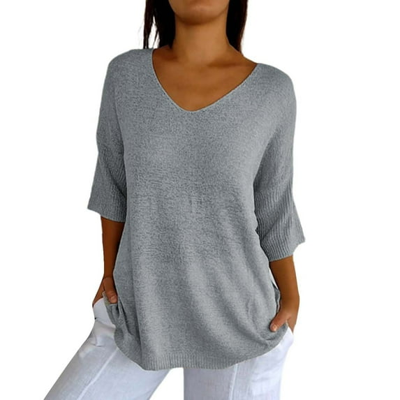Gray Womens Spring Tops 2024, 3/4 Sleeve Tshirts Shirts for Women, Weekend Cotton Womens Summer Tops, Womens Short Sleeve Sweaters Tops V Neck Pullover Knit Shirts Loose Blouses