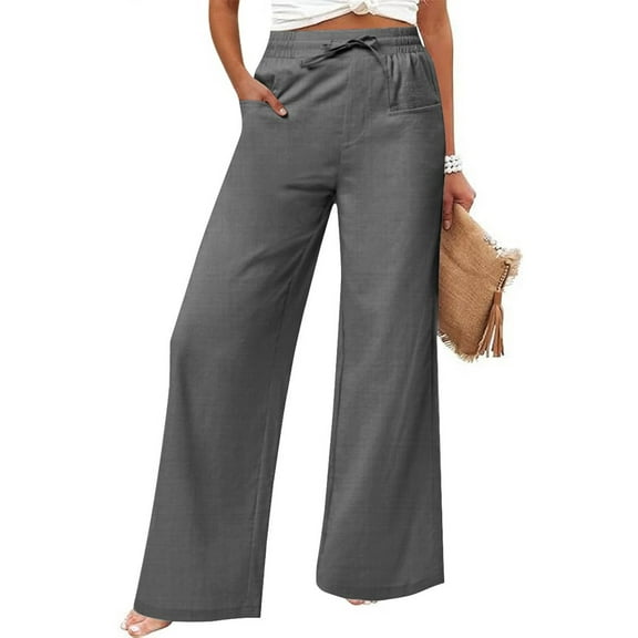 Gray Womens Sweatpants Women's Casual Cotton and Linen Wide Leg Pants with Pockets Boho Palazzo High Waisted Trousers Sweatpants Womens Fashion