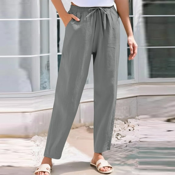 Gray Womens Sweatpants Women's Cotton Linen Straight Leg Pants Elastic Drawstring Casual Trousers with Pockets Summer Beach Pants Casual Pants Women