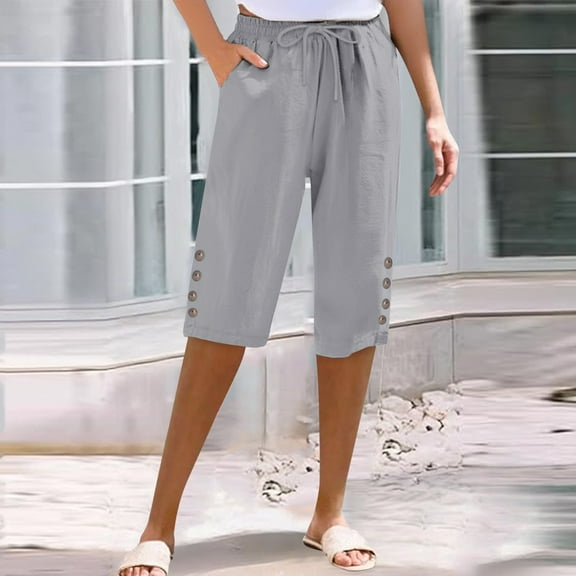 Gray Womens Sweatpants Women's Cotton and Linen Pocket Elastic Casual Pants Women's Pants Five Quarter Pants Casual Pants Women