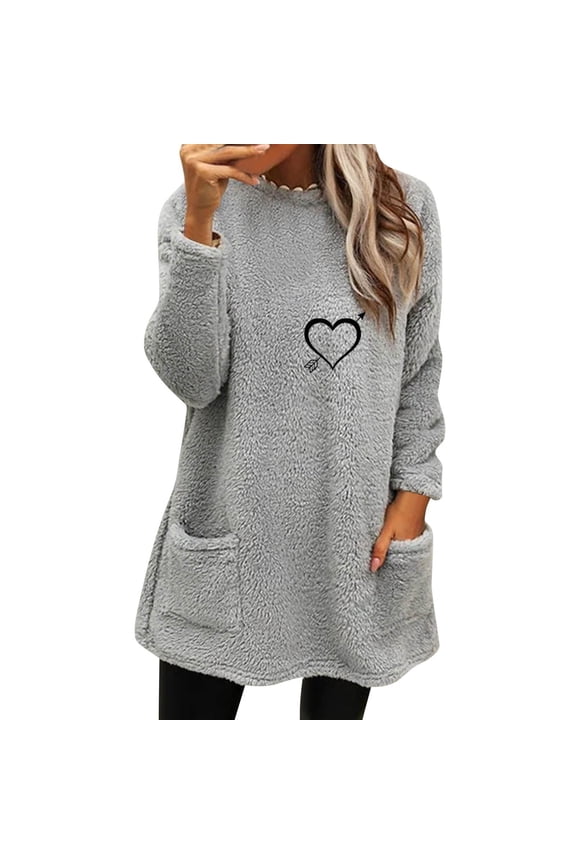 Gray Womens Sweatshirt Womens Winter Coat Loose Wool Jacket Long Sleeved Jumper with Pockets Fall Clothes for Women