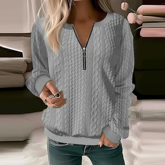 Gray Womens Tops Autumn and Winter Fashion Women's Long Sleeve with Half Zipper Solid Color Ladies Hoodless Sweatshirt Fall Outfits for Women 2025
