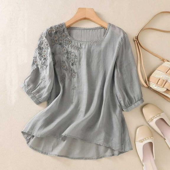 Gray Womens Tops Floral Embroidered Tops Cotton Linen Shirts Boho Ethnic Style Tee Women 3/4 Sleeve V Neck Button Tunic Tshirt Shirts for Women