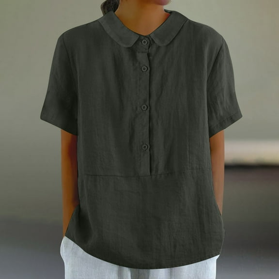 Gray Womens Tops Linen Shirts for Women Short Sleeve Button Down Up Shirt Casual Collared V Neck Tops Shirts Blouses Trendy Summer Tops Going Out Tops for Women