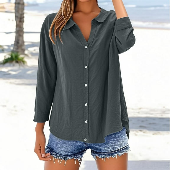 Gray Womens Tops Loose Shirt Top Stand Solid Color Long Sleeve Lapel Collar Casual Women's Shirt Women's Shirts for Women