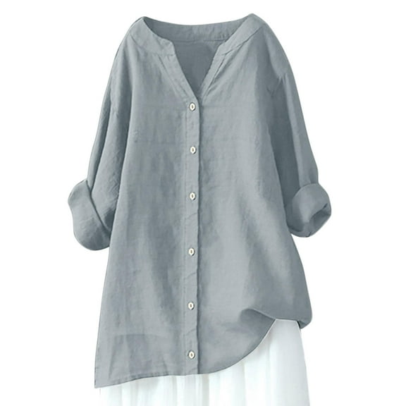 Gray Womens Tops Muslin Blouse Women's Elegant Plain T Shirt V Neck Linen Blouse with Buttons Summer Cotton Linen Shirts Oversize Tops Linen Long Shirts for Women