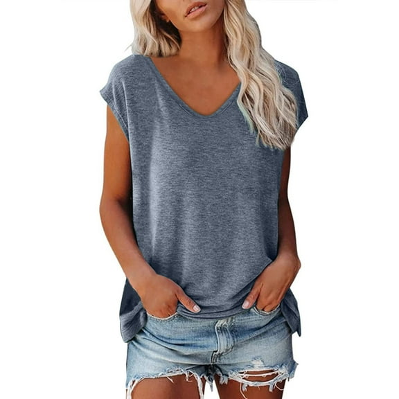 Gray Womens Tops Women Cap Sleeve Summer Casual Tops V Neck Solid Color Casual Shirts Loose Fit Blouse Shirts for Women