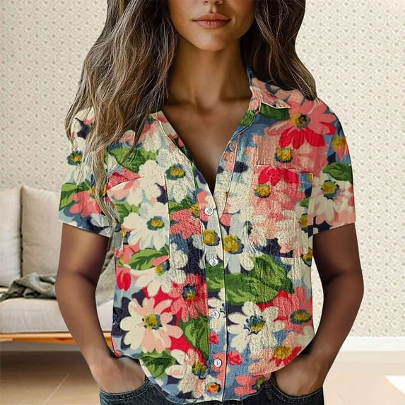 Gray Womens Tops Women Cotton Shirt Printed Fashion Down Shirts Casual Tops Short Sleeve Blouse Shirts for Women