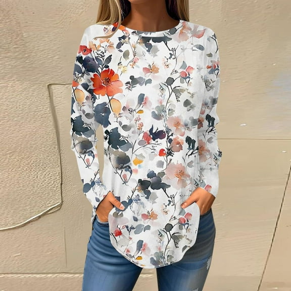 Gray Womens Tops Women's 2025 Popular Printed Casual Loose Daily Round Neck Long Sleeved T Shirts for Women