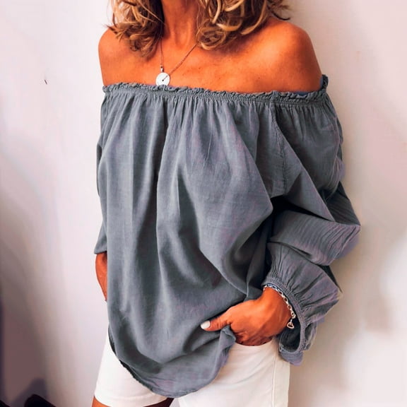 Gray Womens Tops Women's Blouse Off Shoulder Casual Sleeve T Shirt Shoulder Tops Size Summer Loose Ruffle Top Going Out Tops for Women