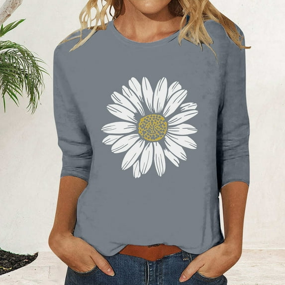Gray Womens Tops Women's Crew Neck Printed Seven Quarter Sleeve Casual T Shirt Top Shirts for Women