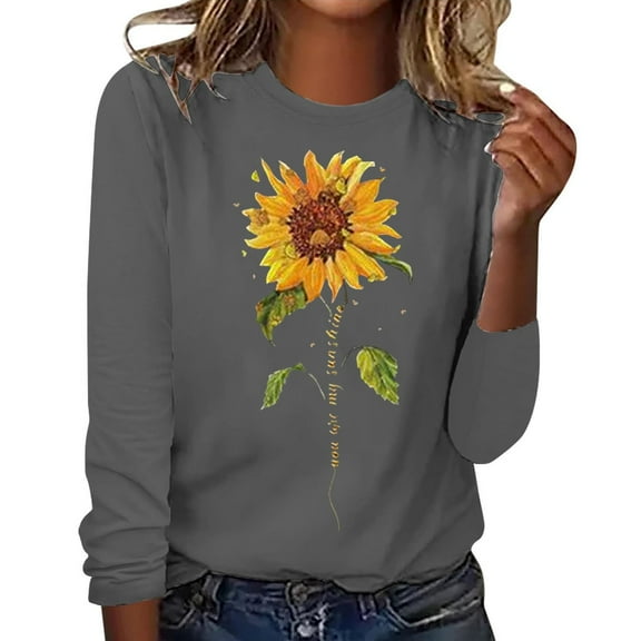 Gray Womens Tops Women's Sunflower Graphic T Shirt Long Sleeve Crewneck Pullover Tops Cute Casual Cotton Tee Tops Loose Blouses Shirts for Women