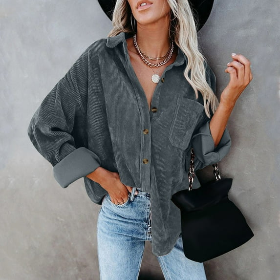Gray Womens Tops Womens Corduroy Button Down Shirt Oversized Blouses Tops Long Sleeve Casual Warm Jacket with Pockets Shirts for Women