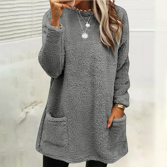 Gray Womens Tops Womens Winter Coat Loose Wool Jacket Long Sleeved Jumper with Pockets Fall Outfits for Women 2025