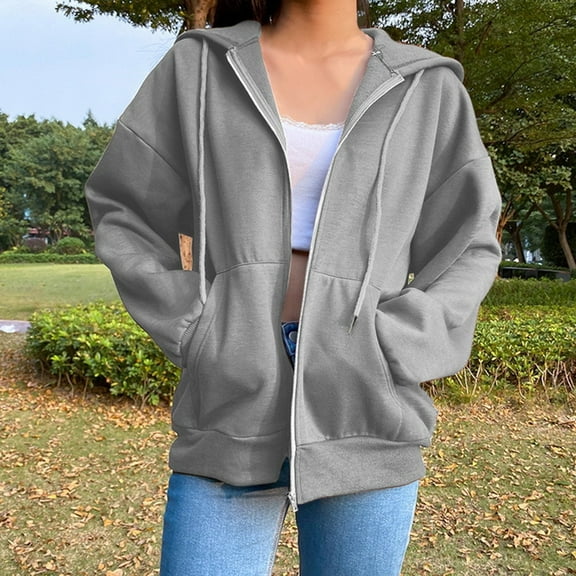 Gray Womens Zip Up Sweatshirts Jackets Street Long Sleeve Hooded Zipper Solid Color Casual Sweatshirt Oversize Sweartshirts for Women Trendy