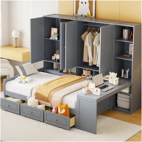 Gray Wood Daybed with Built-In Desk and Bookshelves, Full Size Storage Bed with Cabinets and Drawers