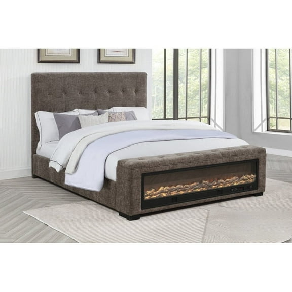 Gray Wood Queen Platform Bed with Fireplace, Tufted Upholstered Bed Frame