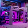 thumbnail image 1 of Gray Wood Full Size Gaming Loft Bed w/ Desk, Storage, LED & Hanging Rack - Space-Saving Bedroom Furniture. 88"x64", 1 of 19