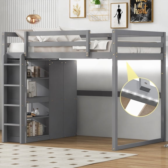 Gray Wood Full Size Loft Bed Boasting a Built-in Wardrobe & 4-Layer Storage Racks, Plus LED Light