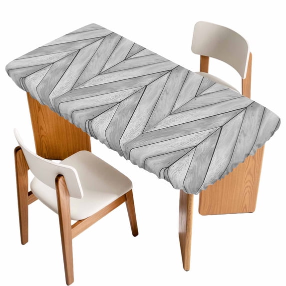 Gray Wood Grain Table Cloths for 3 Foot Rectangle Tables, Retro Minimalist Geometric Art Patio Waterproof Elastic Fitted Tablecloths, Washable Rectangular Table Cover for Camping