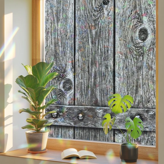 Gray Wood Grain Window Privacy Film, Rustic Sliver Grey Wooden Planks Industrial Static Cling Stained Glass Window Sticker Decorative Removable Rainbow Film for Glass 19.6”x39.3”