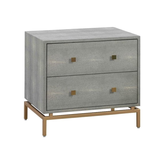 Gray Wood Night Stand With 2 Drawers And Gold Base, Shagreen Textured Finish