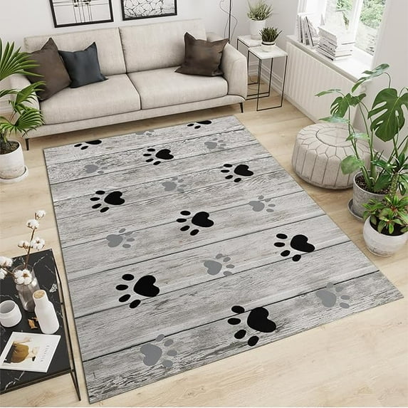 Gray Wood Plank Texture Area Rug, Black Animal Paw Prints Indoor Rugs, With Anti-Slip Backing Washable Carpet For Living Room Bedroom Study Dining Room 4' x 5'