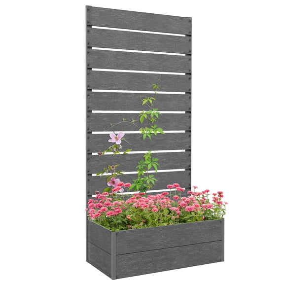 Gray Wood-Plastic Composite Raised Garden Bed with Vertical Slatted Trellis, 28.25"15"59" Aluminum Reinforced Elevated Planter Box with Drainage Gap for Patio Balcony Climbing Vine Vegetable Flower