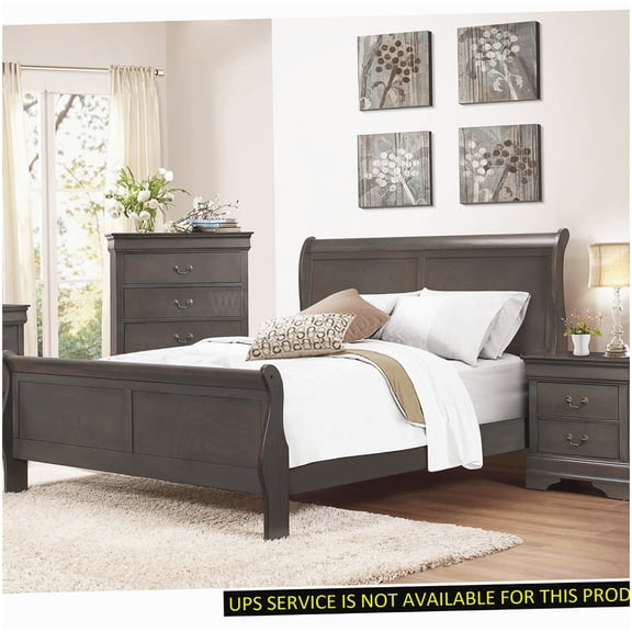 Gray Wood Queen Bed, Sleigh Platform Bed Frame with Headboard & Footboard, Strong Support, Easy Assembly