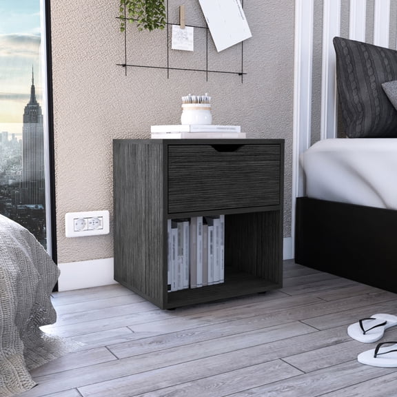 Gray Wood Tone End Table | Drawer with Shelf Design | Bedroom Furniture Piece