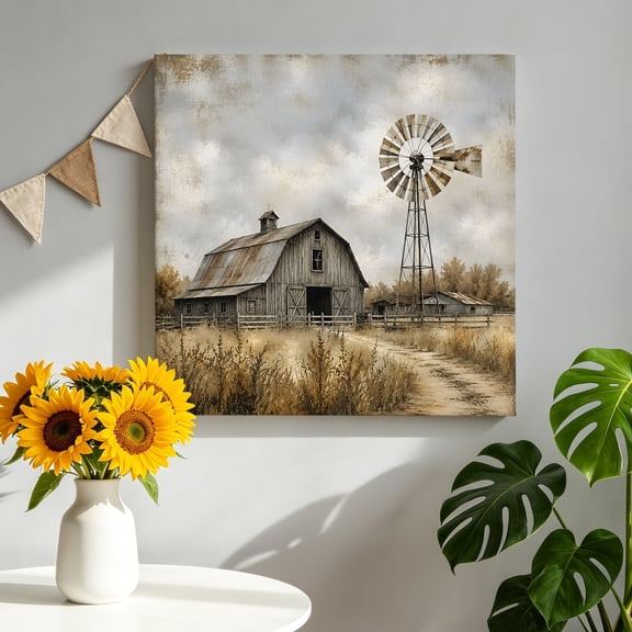 Gray Wooden Barn Canvas Wall Art, Rustic Fall Metal Windmill Wild Grass Farmhouse Pictures Wall Decor Wooden Framed Artwork Art Prints for Living Room Hallway Bedroom Office 8"x8"