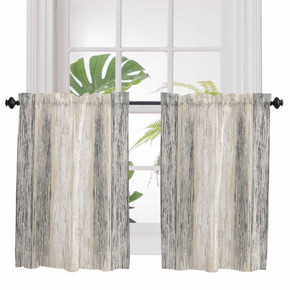 Gray Wooden Bathroom Window Curtain, Farmhouse Brown Vintage Distressed Light Filtering Coffee Kitchen Curtains, Bedroom Living Room Curtains 2 Panel 84"x45"