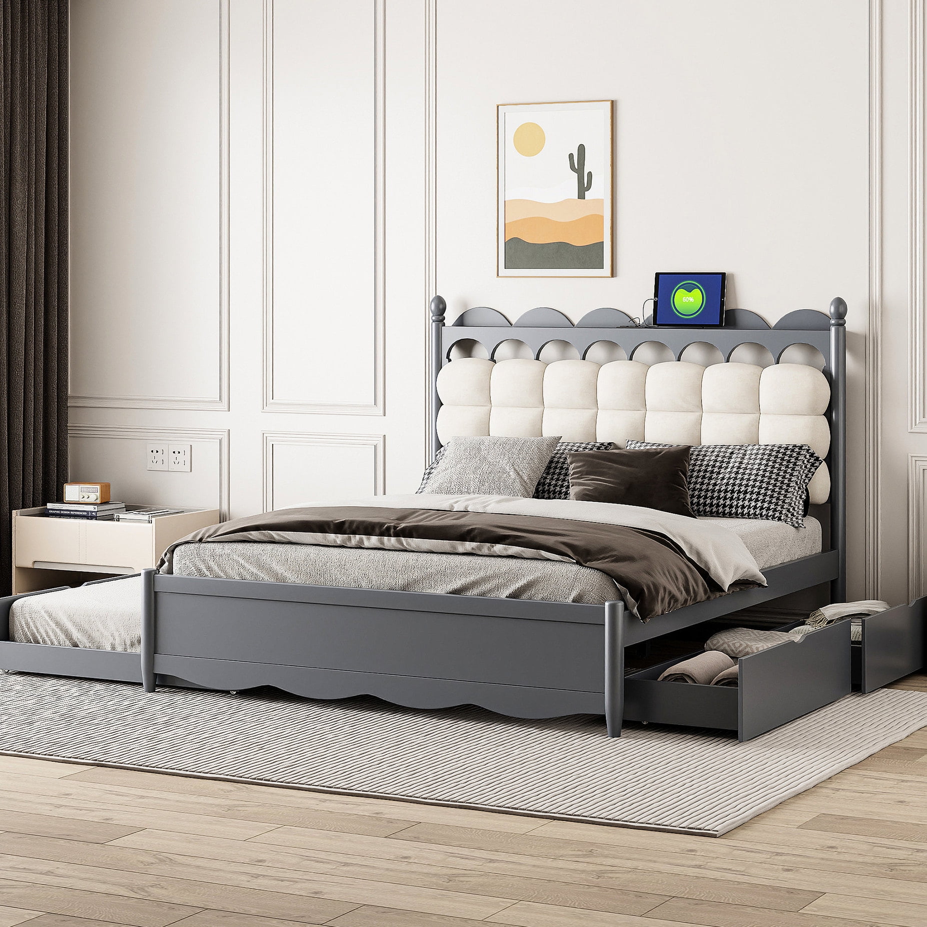 Gray Wooden Bed, Queen, Trundle & 2 Storage Compartments — free download