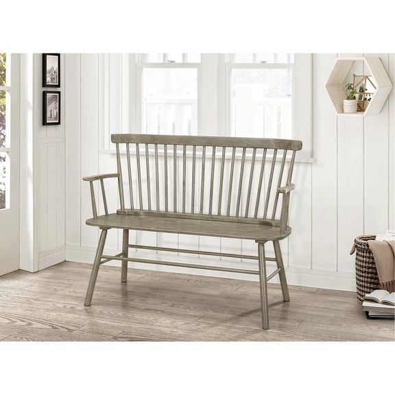 Gray Wooden Bench With Arm Rest And Spindle Back Wood For Cozy Feeling