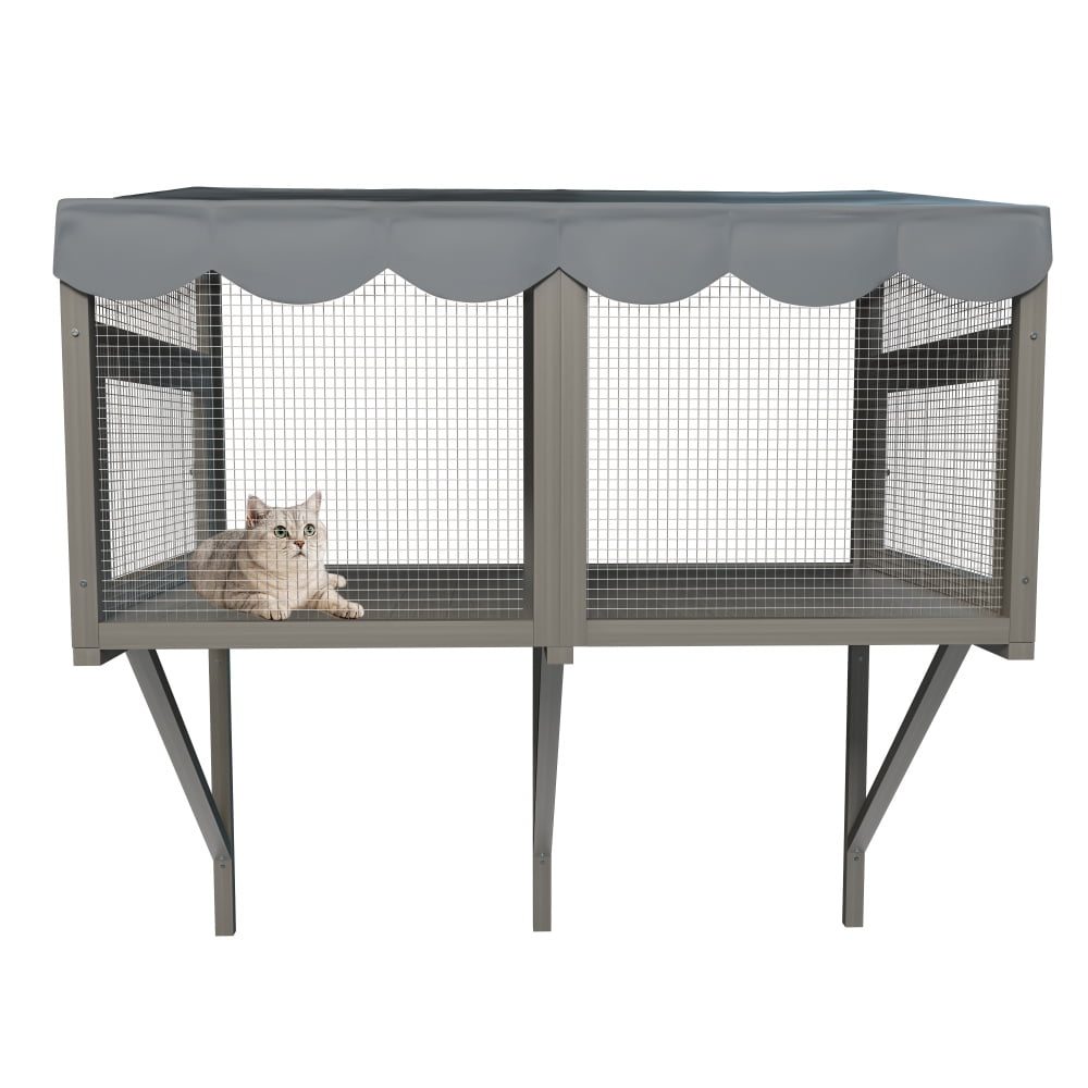 Gray Wooden Cat Window Enclosure, 43.3" Catio Perch with 4-Sided View