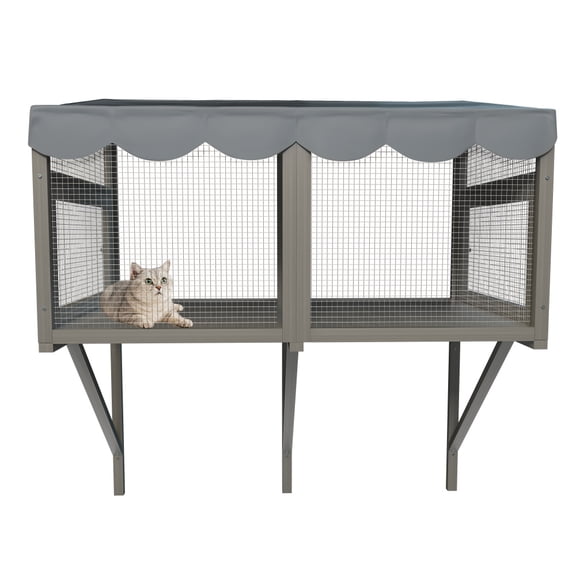Gray Wooden Cat Window Enclosure, 43.3" Catio Perch with 4-Sided View
